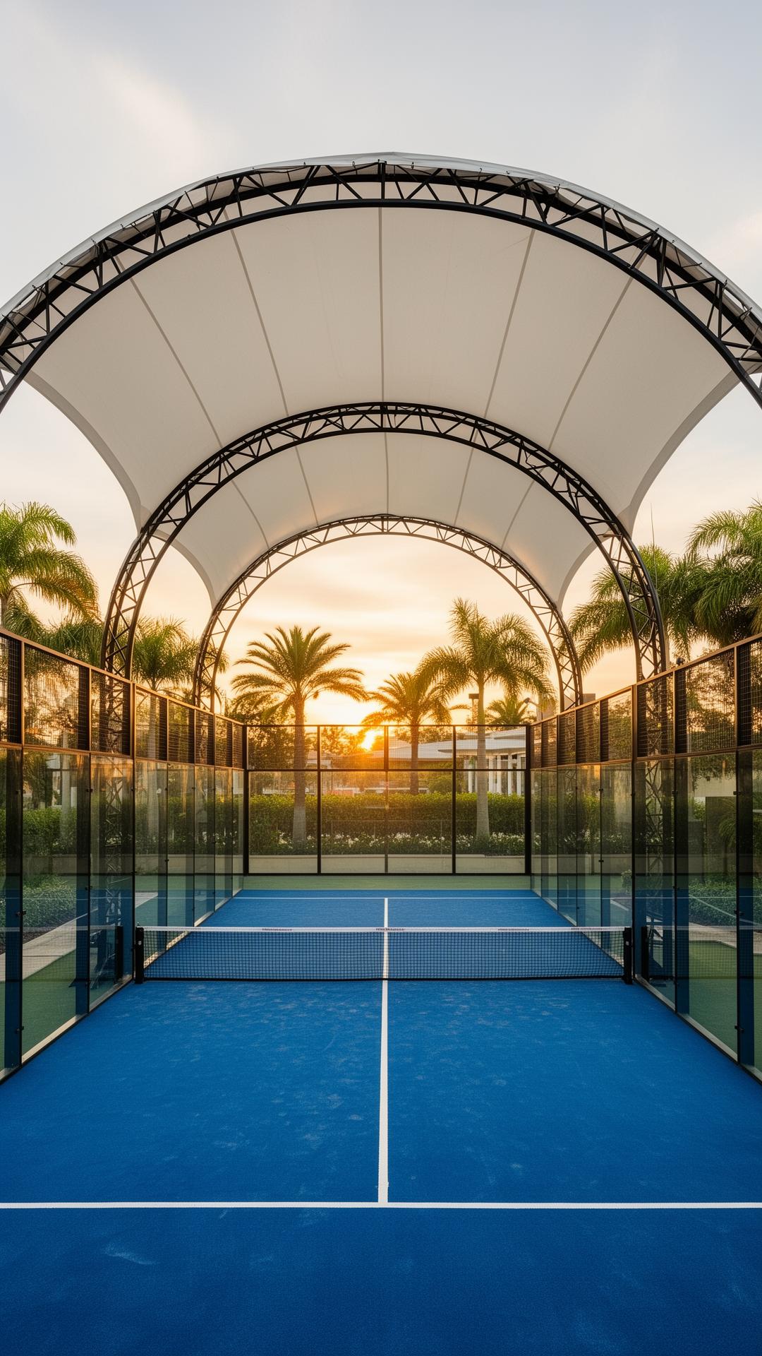 Single padel court with white canopy and palm trees in the background